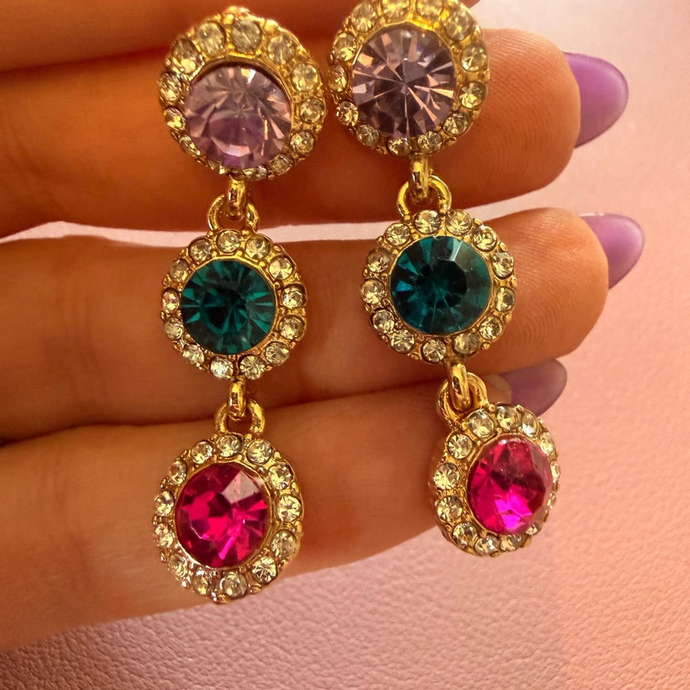Gold Drop Earrings with Pink, Teal & Lavender Crystal Accents - Picture 2 of 2